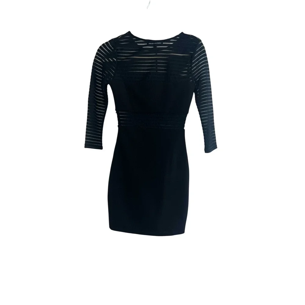 Black Mesh Sleeve Ponte Knit Bodycon Dress Sz S 3/4 Sleeve Minimalist Y2K Chic - Picture 2 of 9
